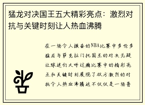 猛龙对决国王五大精彩亮点：激烈对抗与关键时刻让人热血沸腾