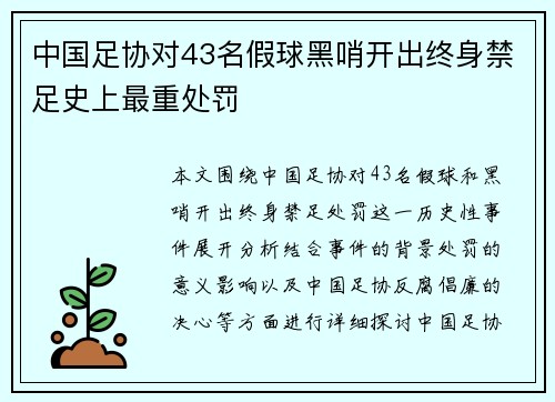 中国足协对43名假球黑哨开出终身禁足史上最重处罚