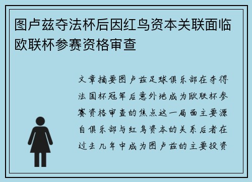 图卢兹夺法杯后因红鸟资本关联面临欧联杯参赛资格审查 图卢兹夺法杯后因红鸟资本关联面临欧联杯参赛资格审查